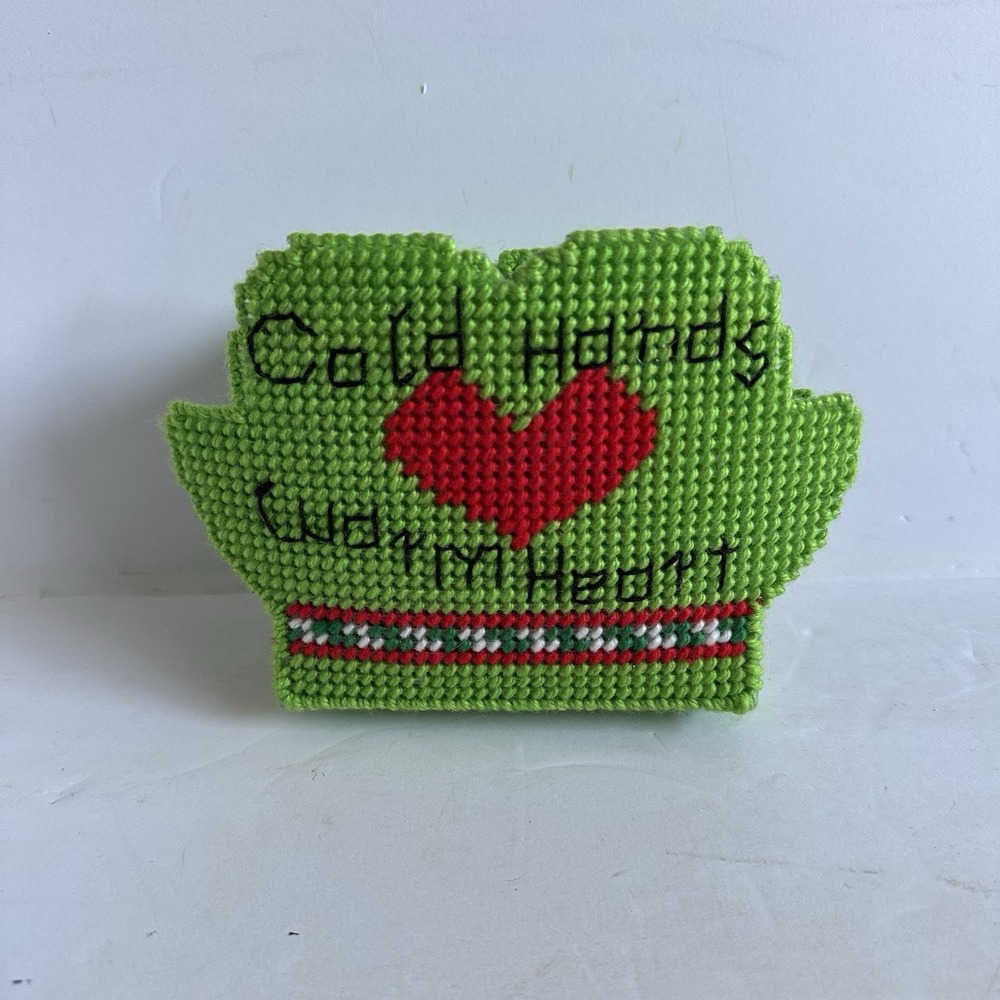 Set Of 6 Handmade Cold Hands Mitten Plastic Canvas Coasters & Holder Felt Backed
